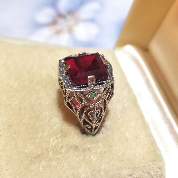 𝅺GORGEOUS! Deco Revival Filigree Ruby Aussie Opal Sterling Ring - Picture 4 of 7